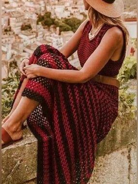 ZARA Red Black Crochet Knit Maxi Dress womens Sz medium Lined Festival vacation